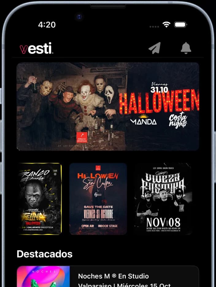 Imagen oficial de la aplicación Vesti con su cartelera de eventos